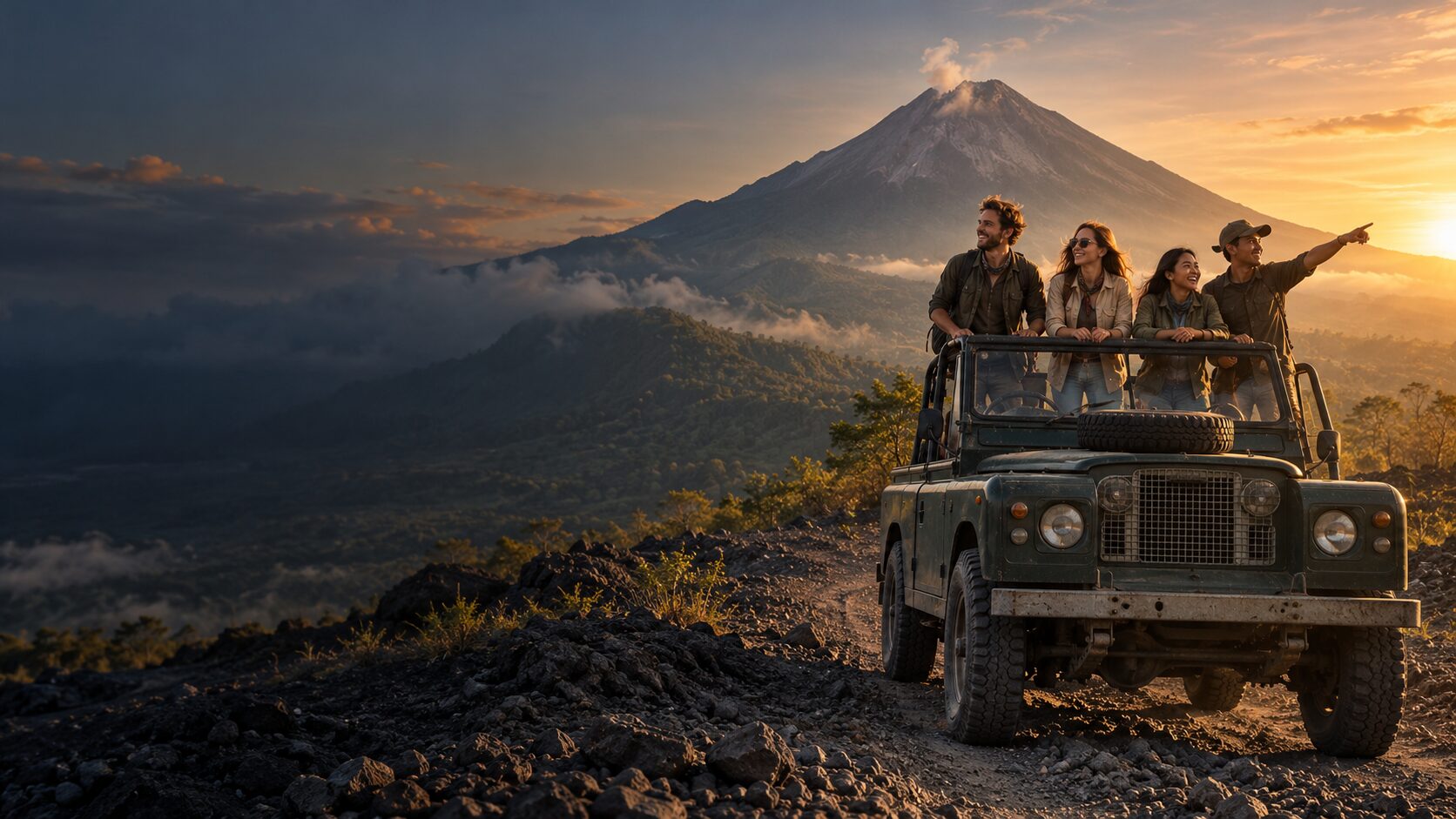 Travellers in an open jeep at sunrise below Mount Merapi, Yogyakarta