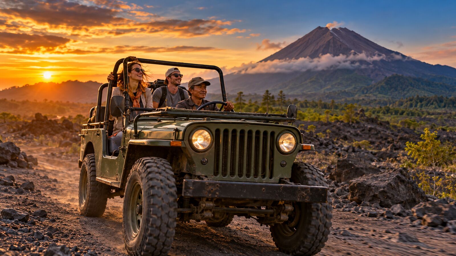 Jeep 4x4 on the lava track below Mount Merapi