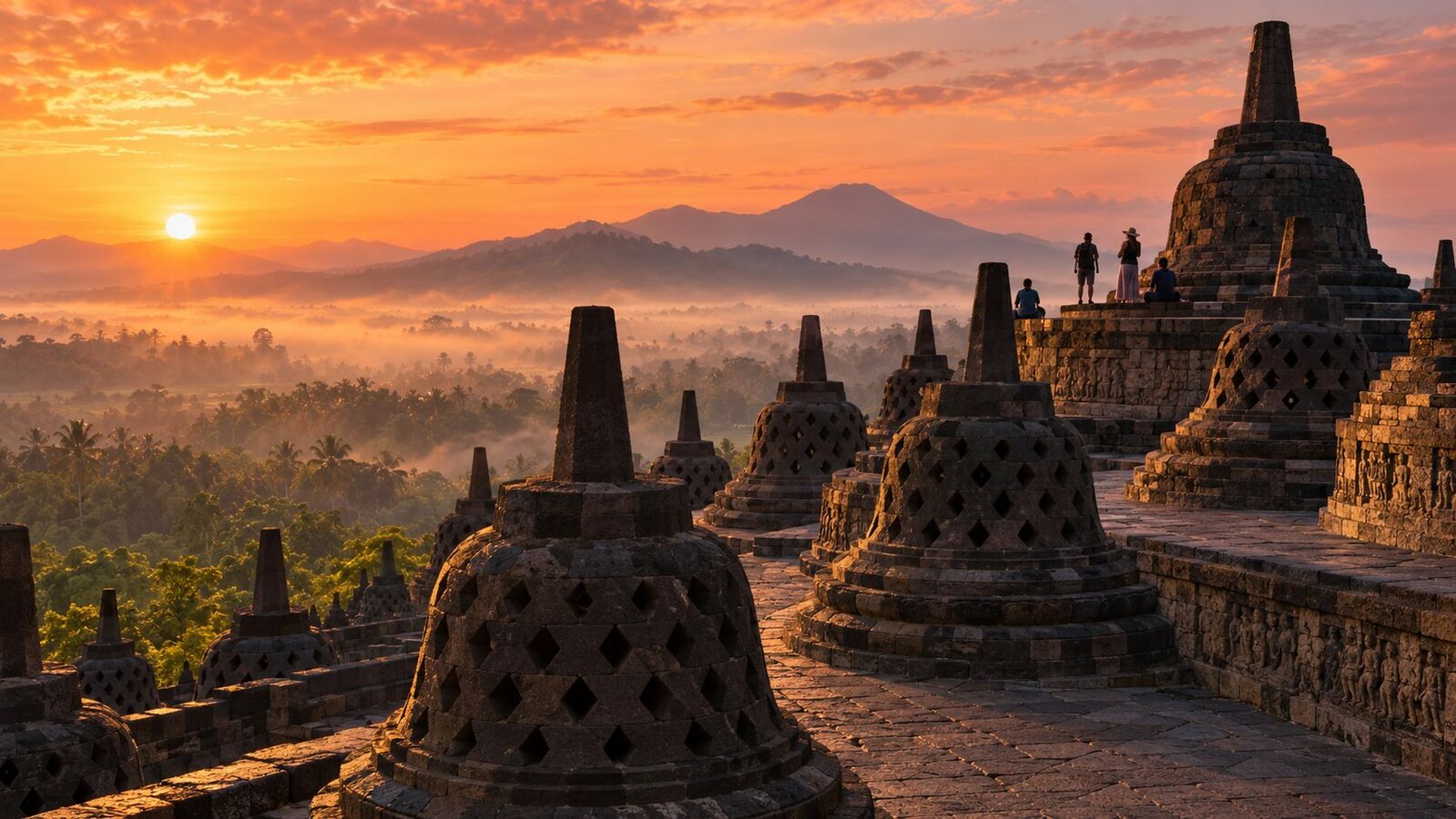 Borobudur stupas at sunrise